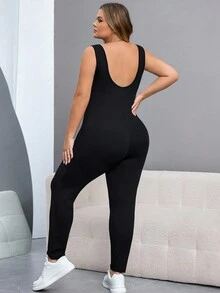 SHEIN CURVE+ Damen Jumpsuit in Große Größen, schwarz, ärmelos, rückenausschnitt, figurbetonend - Schwarz - Übersicht 2