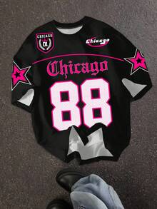 SHEIN EZwear 女式休闲简约 88 星图案圆领短袖宽松 T 恤 - 彩色 - 查看 5