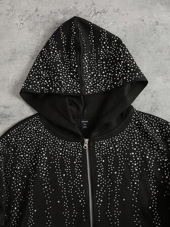 Street Life Sudadera con capucha con cremallera y diamantes de imitación brillantes para hombre, estilo holgado y corto, para otoño