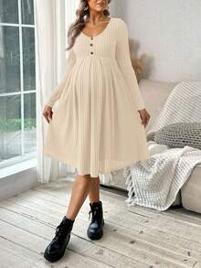 SHEIN Maternity Solid Ribbed Collar Button Front Long Sleeve Dress, Spring/Autumn - Apricot - View 7