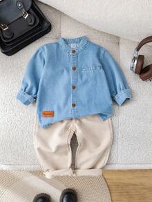 SHEIN 2 件套男婴秋冬休闲牛仔夹克、牛仔衬衫、灯芯绒裤子套装，适合生日派对、狂欢派对、晚会、表演、婚礼、满月庆祝、洗礼和 1 岁生日