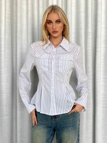 Siren Gaze Women's Striped Long Sleeve Single-Breasted Cargo Pocket Casual Shirt Striped Blouse Button Down Blouse Button Up Top Stripe Shirt Winter White - White - View 4