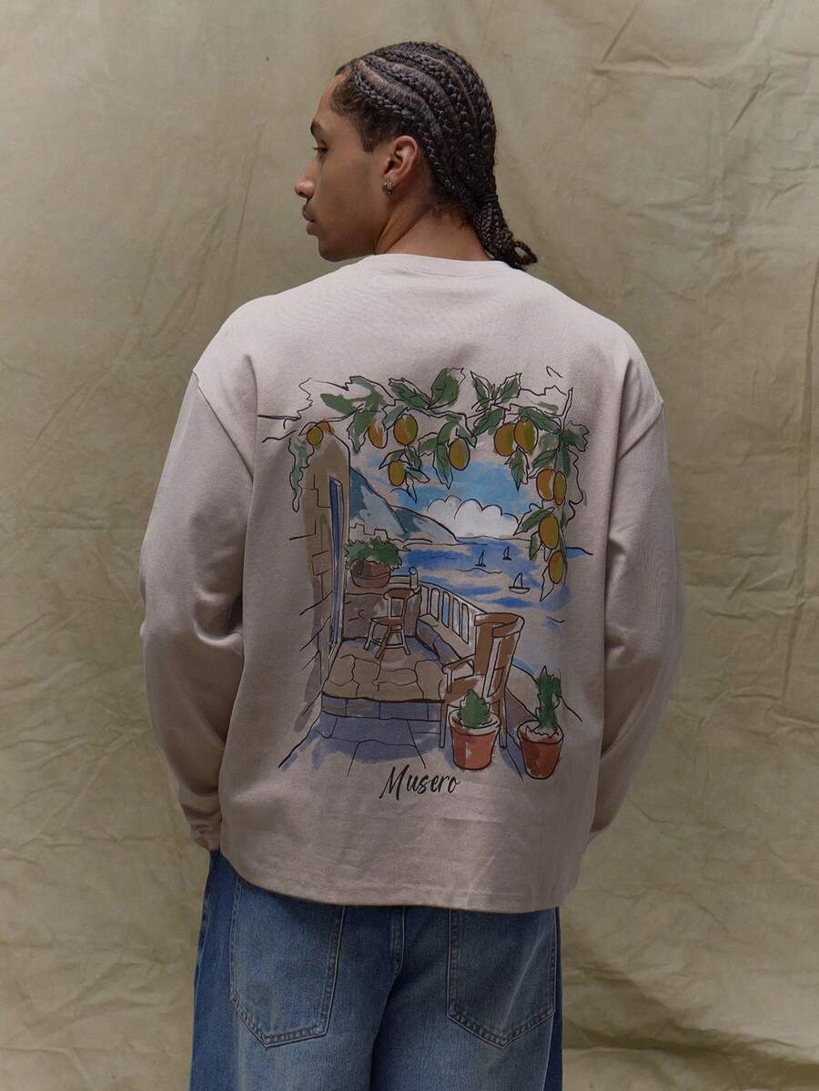 Musero 男士宽松长袖后背印花T恤 春夏衣橱 - 咖啡棕 - 查看 1