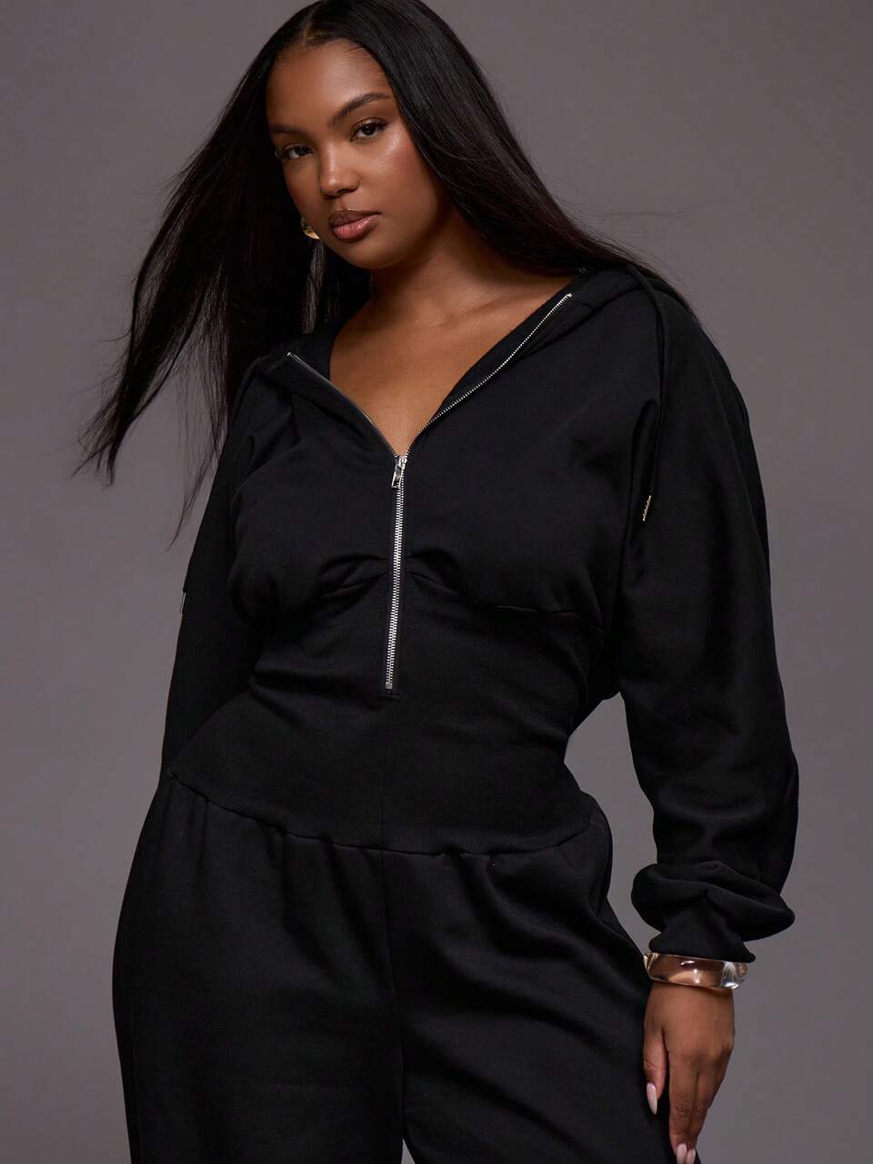 Curve Cinched Waist Sweatshirt Zip Through Jumpsuit Everyday Casual Cosy Cute Everyday Spring Summer