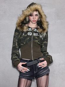 J-Fashion Women's Y2K Subculture Baddie Rhinestone Skull Camo Frayed Sweatshirt - Multicolor - View 6
