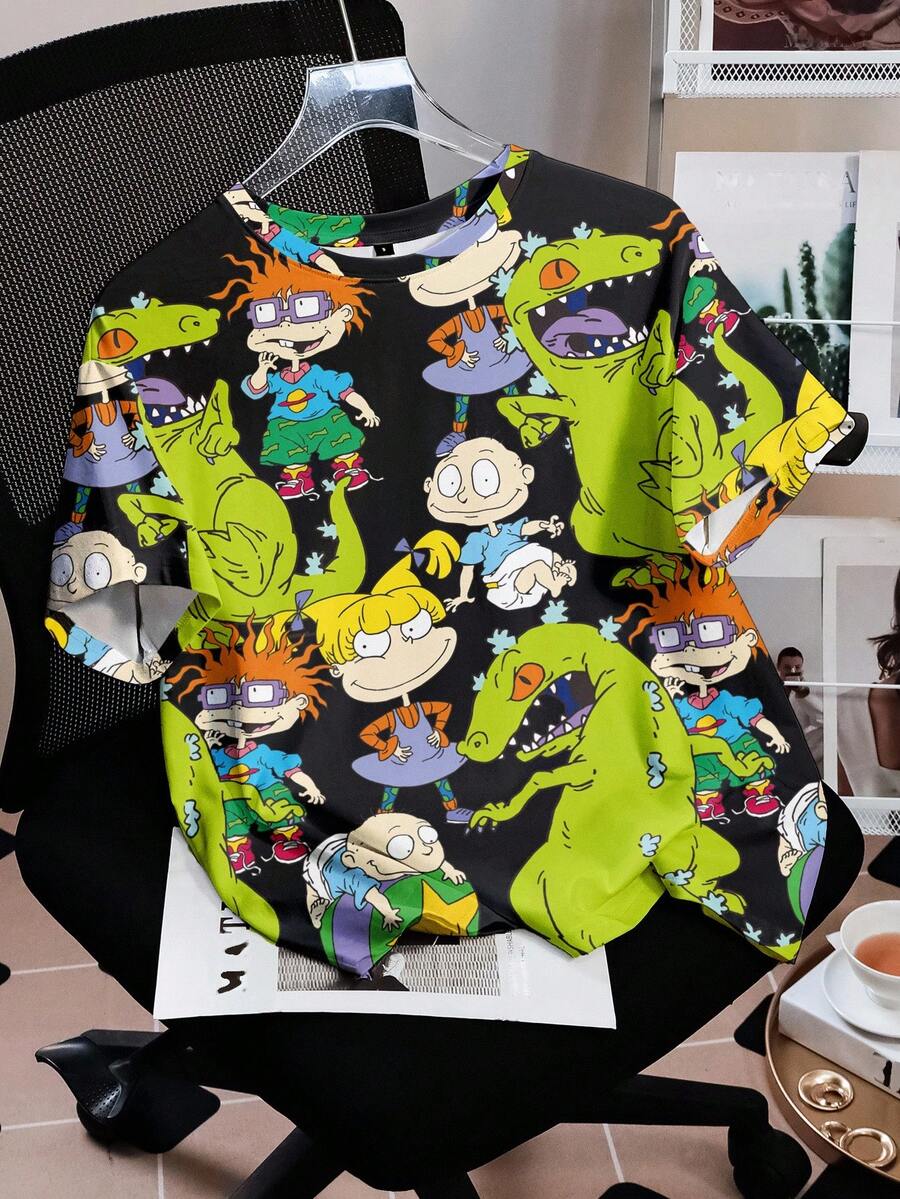 Nick 90s | SHEIN Women's Casual Cartoon All-Over Print Round Neck Short Sleeve T-Shirt, Summer - White - View 1