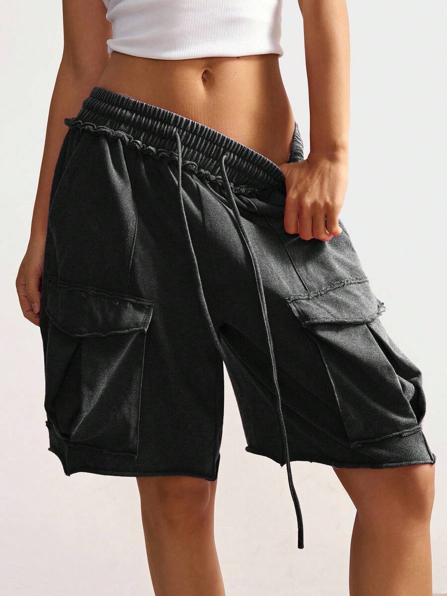 Bohemela Women's Casual Drawstring Waist Cargo Pocket Loose Shorts - Black - View 1