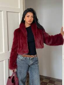 Sunnyshic 1件女士勃艮第酒红色仿皮草奢华优雅内衬夹克 - 酒紅色 - 查看 5