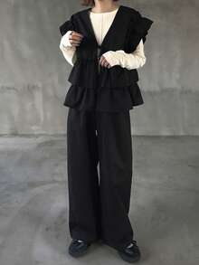 FRIFUL Women's Solid Black Sleeveless Cardigan Vest Top And Straight Leg Loose Casual Pants 2 Pieces Set, Autumn/Winter - Black - View 1