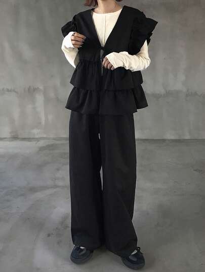 FRIFUL Women's Solid Black Sleeveless Cardigan Vest Top And Straight Leg Loose Casual Pants 2 Pieces Set, Autumn/Winter