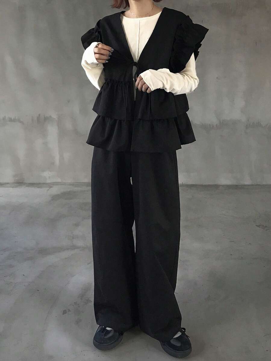 FRIFUL Women's Solid Black Sleeveless Cardigan Vest Top And Straight Leg Loose Casual Pants 2 Pieces Set, Autumn/Winter - Black - View 1