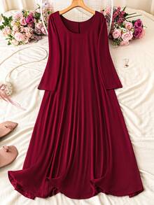 DreamSkyne 女士加大码宽松圆领长袖连衣裙，适合圣诞节勃艮第酒红色长款女装 - 紅色 - 查看 1
