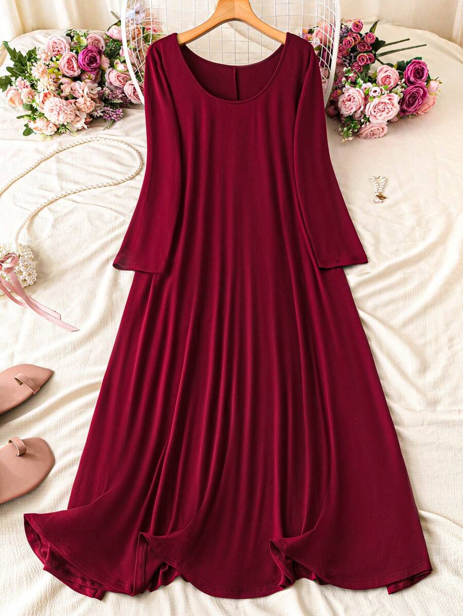 DreamSkyne 女士加大码宽松圆领长袖连衣裙，适合圣诞节勃艮第酒红色长款女装 - 紅色 - 查看 1