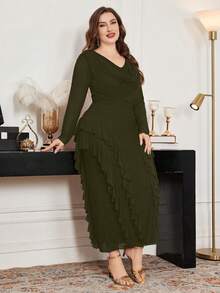 Modelyn Plus Size Elastic Mesh Scoop Neck Ruffle Hem Bodycon Elegant Dress, Spring/Summer - Army Green - View 3