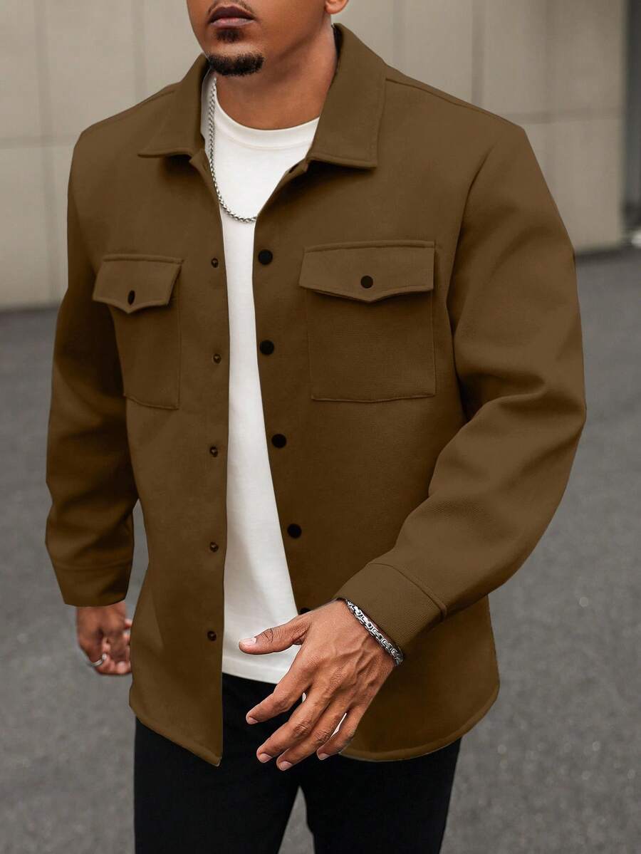 Manfinity Homme Plus Size Men's Solid Long Sleeve Shacket, Light Color - Brown - View 1