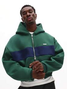 SUMWON Jaqueta com Capuz Zíper Completo Colorblock Ajustada de Peso Pesado com Cordão de Contraste para Streetwear Casual de Inverno - Verde - Visão 2