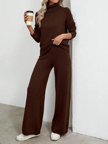 EMERY ROSE Women's Casual Solid Color Turtleneck Sweater And Knit Pants 2 Pieces Set, Autumn/Winter - Rust Brown - View 4