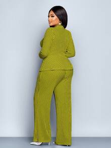 SOLERSUN Plus Size Women's Fall And Winter Elegant Striped V Neck Long Sleeve T-Shirt And Wide Leg Pants Two Pieces Set,Asymmetrical Hem Two Pieces Outfits,Casual Daily Wear,Winter Clothes For Women Fall Cloth For Women ,Wrapping, Twisting, Waistband, Black And White Striped Jacquard Texture Fabric, Daily Wear, Commuting, Shopping - Olive Green - View 2