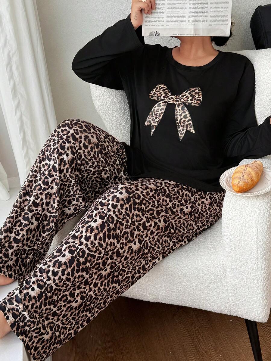 SHEIN Fashionable Leopard Print Bow Long Sleeve Thin PJS, Plus Size For Home Wear, Autumn/Winter Cheetah Print Bow PJS Leopard Pajamas Women, Cozy Outfit - Multicolor - View 1