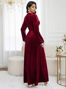 Al Najma Elegant Velvet Long Sleeve Modest Dress, Arabic Style For Women Velvet Dresses Wine Red Dress - Burgundy - View 2