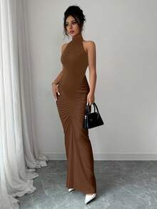 Elenzga Women's Black & White Color Block Halter Neck Cinched Waist Fishtail Hem Elegant Dress, Suitable For Commuting And Daily Wear