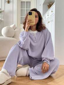 DAZY 女士秋冬二合一卫衣家居服套装睡衣秋季服装 - 紫色 - 查看 5