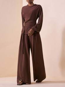 Zivah 2025秋季新款音乐节西部游牧风格生日派对毕业休闲日常装基础百搭休闲邮轮旅行优雅宴会长袖上衣肩部荷叶边设计金属装饰腰带阔腿裤带口袋两件套 - 棕色 - 查看 3