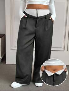 SHEIN EZwear Plus Size Women's Contrast Color Zipper Front Pockets Pleated Wide Leg Suit Pants - Black - View 1