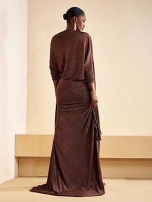 Zivah 2025 秋季新品万圣节生日派对宴会学院风学生日常休闲百搭邮轮旅行热门优雅通勤商务休闲露肩修身高开叉鱼尾下摆连衣裙搭配宽松超长袖罩衫，咖啡色褶皱面料，女士两件套，秋冬 - 鏽棕色 - 查看 7