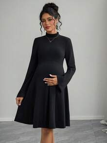 Momance Vestido midi casual preto com gola alta e manga flare para maternidade