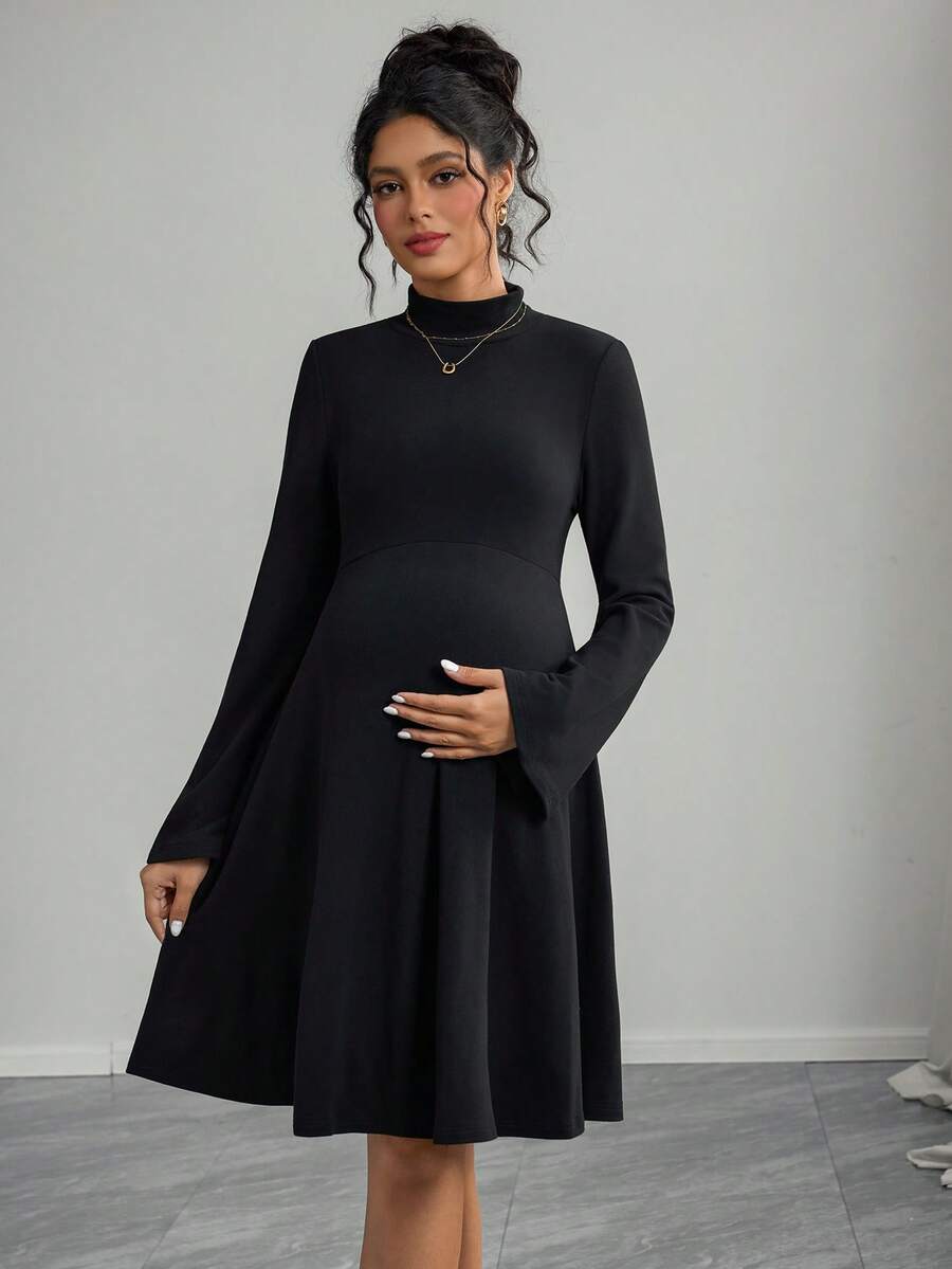 Momance Vestido midi casual preto com gola alta e manga flare para maternidade