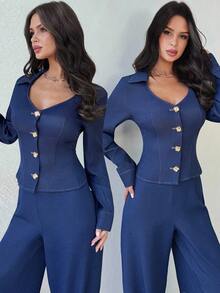 Firerie Damen einfarbige minimalistische Alltagsjacke mit Knopfdekor, Langarm, für Herbst/Winter - marineblau - Übersicht 10