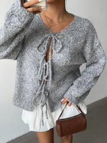Aloruh Minimalist Casual Solid Color Ribbed Knit Front Tie Raglan Sleeve Cardigan In Fall/Winter - Grey - View 8
