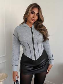 Xyvia Autumn/Winter Contrast Color Cinched Waist Short Hooded Zip-Up Sweatshirt - Grey - View 4