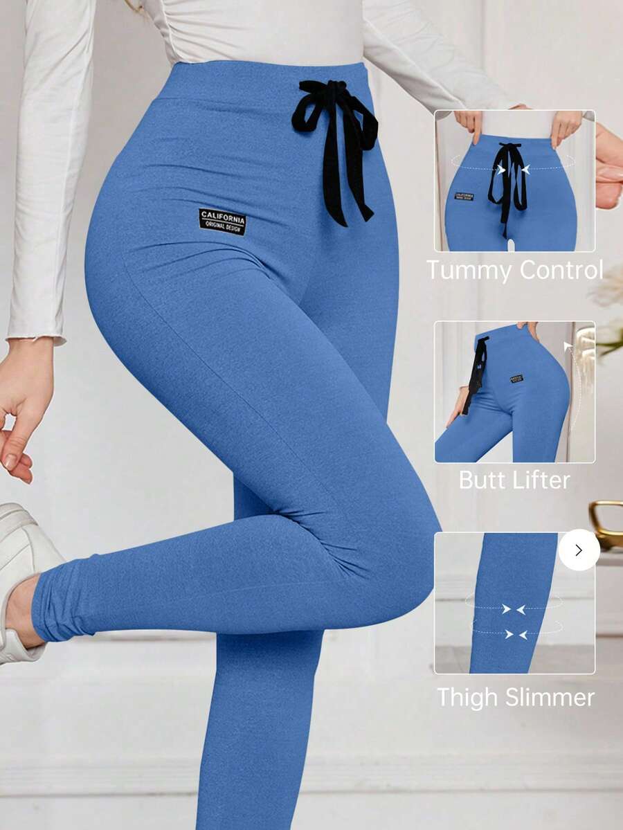 Modelyn 女式字母徽标抽绳紧身弹力打底裤 - 藍色 - 查看 1