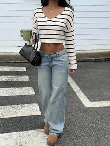 SHEIN Unity Fashionable Sexy V-Neck Versatile Striped Women Sweater