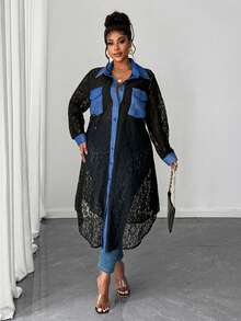 Maweii Plus Size Autumn Fashion Commuter Color Block Lace Patchwork Shirt - Black - View 2