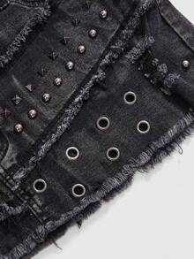 ROMWE J-Fashion Women's Y2K Vintage Subculture Distressed Studded Pearl Decor Ripped Bodycon Denim Mini Skirt