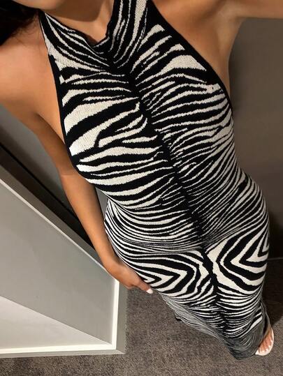 SHEIN Glamour Long Fitted Off-Shoulder Sweater Dress For Women, Autumn/Winter Layering Leopard Print Sleeveless Stand Collar Backless Sweater Dress For Women