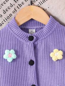 Elladie kids 女孩休闲日常针织开衫夹克，花卉图案，粉色纽扣，搭配粉色裙子，秋季户外两件套 - 紫色 - 查看 5