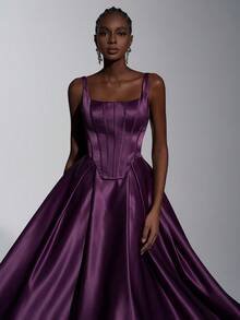 Elitara Minimalist Retro Fashion Eggplant Purple Fishbone Design A-Line Formal Dress, Business Dress, Guest Dress, Evening Gown