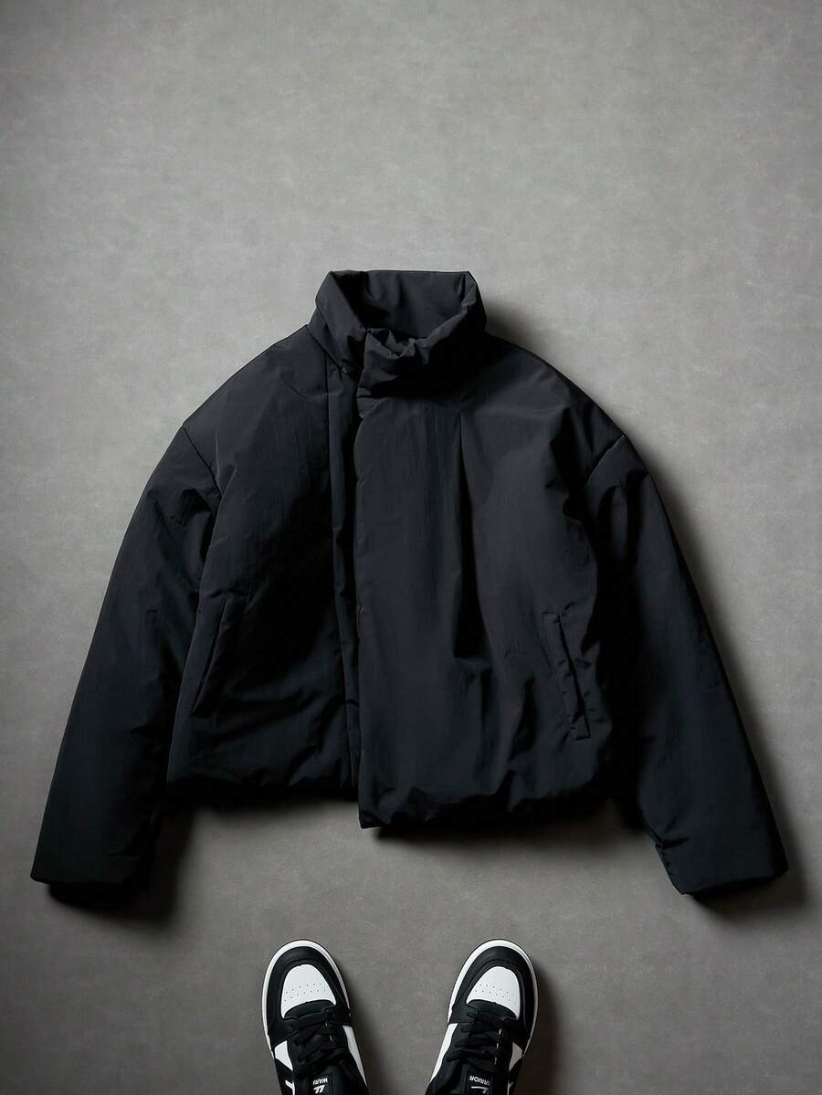 PAVTROS 男士纯色宽松拉链夹克，街头时尚，适合日常和户外搭配，送给朋友、男朋友、冬季外套的礼物 - 黑色 - 查看 1