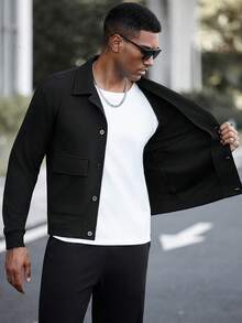 Manfinity CasualCool 2pcs Men Casual Loose Fit Long Sleeve Top And Pants Co-Ord Set Men 2 Pieces Set Men Black Outfit Co Ords Men Black Two Pieces Set Men Black And White Outfit Men 2 Pieces Leisure - Black - View 6