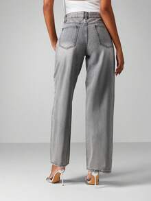 MISSGUIDED 饰有水钻细节的直筒牛仔裤，适合日常休闲穿着 - 灰色 - 查看 2