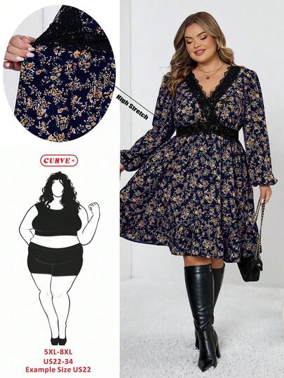 SHEIN CURVE+ Plus Size Vintage Floral Lace Trim V-Neck A-Line Dress Plus Size Christmas