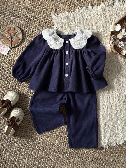 SHEIN 2pcs/Set Baby Girl Infant Toddler Newborn 0-3 Years Old Casual Daily Countryside Style Knitted Ruffled Collar Corduroy Khaki Outfit