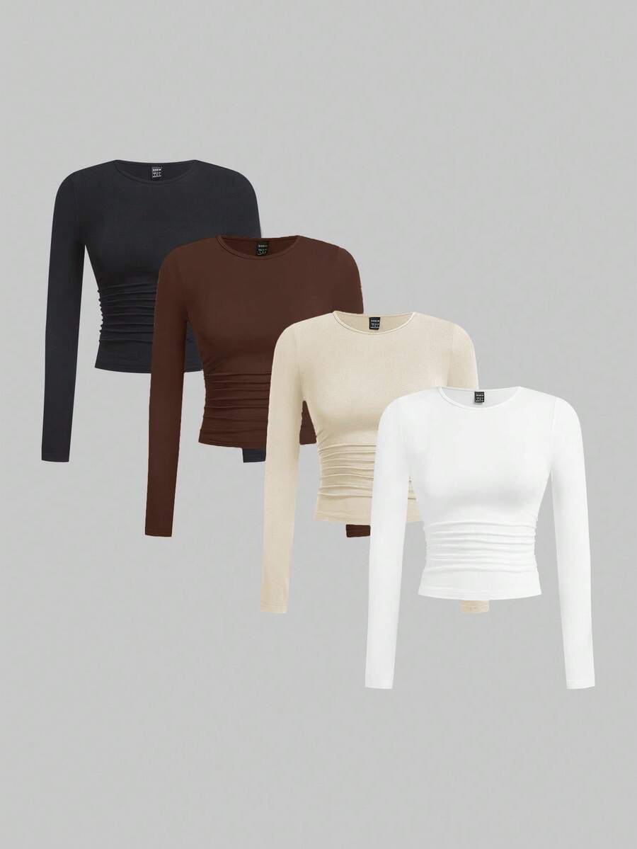 SHEIN EZwear 休闲百搭多色针织女式修身T恤，中性色上衣，女式长袖上衣，紧身上衣，多件装上衣，女式长袖上衣，长袖露脐上衣，女式长袖上衣，秋季，女式秋装 - 杏色 - 查看 1