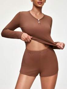 SHAPORA مجموعة ملابس علوية طويلة الأكمام رقبة على شكل حرف V مُنسدلة ناعمة وشورت للنساء، ملابس مريحة للخريف والشتاء، قطعتان - بني مخاوي - مشاهدة 3