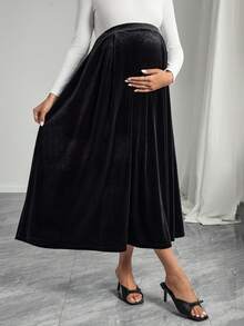 Momance 纯色天鹅绒裙，优雅孕妇休闲裙 - 黑色 - 查看 7