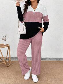 EMERY ROSE Áo thun dệt kim mềm tay dài có khóa kéo cổ áo cỡ lớn phối màu và quần gân mềm mại, trang phục thường ngày 2 món - Nhiều màu - Xem 1